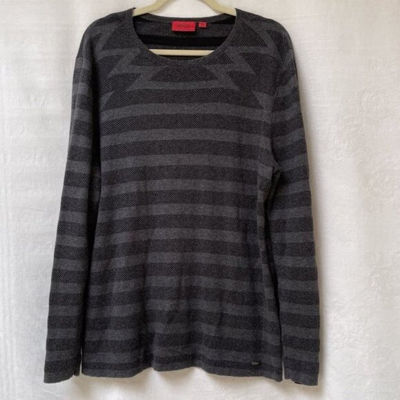 Hugo Boss Sweater Mens XL Gray Black Stripe Knit Silk Cashmere Pullover Party - Picture 1 of 11